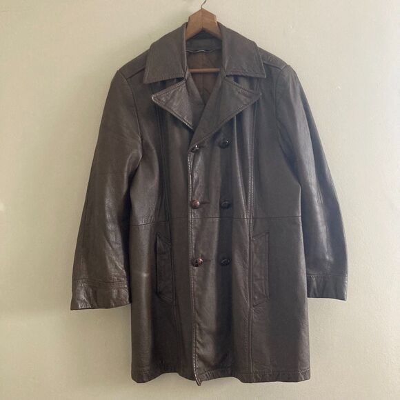 Vintage 1980s Brown Leather Pea Coat Trench Style Overcoat - Mens Size M/L - Picture 8 of 10